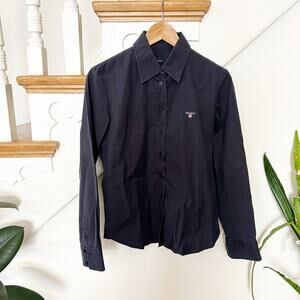 GANT Womens Black Button-Down Stretch Shirt Long Sleeve Logo Size 8